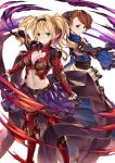  2girls aura bangs beatrix_(granblue_fantasy) belt blonde_hair blue_eyes braid breasts brown_hair cleavage cleavage_cutout cowboy_shot dress gauntlets granblue_fantasy greaves green_eyes hair_ornament hairband highres long_hair looking_at_another medium_breasts midriff multiple_girls navel pak_ce parted_lips pauldrons ponytail purple_skirt skirt smile stomach twintails zeta_(granblue_fantasy) 