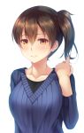  1girl alternate_costume breasts brown_eyes brown_hair closed_mouth collarbone cowboy_shot hair_between_eyes imachireki kaga_(kantai_collection) kantai_collection large_breasts long_sleeves looking_at_viewer ribbed_sweater shiny shiny_hair side_ponytail smile solo sweater upper_body 