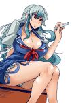  1girl :o blue_dress blue_hair breasts chalk cleavage collarbone dress heiseikorotaisei kamishirasawa_keine large_breasts long_hair multicolored_hair no_hat no_headwear puffy_short_sleeves puffy_sleeves red_eyes short_sleeves sidelocks silver_hair sitting solo thighs touhou two-tone_hair 