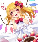  1girl :d alternate_costume bangs bare_shoulders blonde_hair blush bow bowtie cake crystal dress drooling eyebrows_visible_through_hair flandre_scarlet food fruit hair_bow hands_on_own_cheeks hands_on_own_face heart heart-shaped_pupils long_hair open_mouth red_bow red_bowtie red_eyes rimu_(kingyo_origin) side_ponytail smile solo strawberry symbol-shaped_pupils touhou translated white_dress wings 
