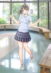  1girl bangs blue_reflection full_body green_hair kishida_mel long_hair official_art plaid plaid_skirt pleated_skirt polo_shirt ponytail school_uniform shoes skirt sneakers socks solo 