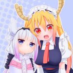  2girls 8041mm :d beads blue_eyes blush capelet dragon_girl gloves gradient_hair hair_beads hair_ornament hairband horns kanna_kamui kobayashi-san_chi_no_maidragon lavender_hair long_hair looking_at_viewer low_twintails lowres maid maid_headdress multicolored_hair multiple_girls open_mouth pink_hair red_eyes silver_hair slit_pupils smile tooru_(maidragon) twintails upper_body white_gloves 