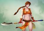  &gt;:) 1girl breasts brown_eyes brown_hair closed_mouth collarbone cowboy_shot fingerless_gloves gloves groin headband holding holding_weapon long_hair looking_at_viewer low_ponytail medium_breasts midriff navel pelvic_curtain polearm ponytail seong_mi-na smile solo soul_calibur soulcalibur spear watermark weapon web_address ynorka_chiu 