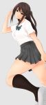  1girl absurdres blue_eyes breasts brown_hair copyright_name dutch_angle from_below green_kaminari highres kneehighs long_hair looking_at_viewer looking_back school_uniform seiren shoes side_ponytail skirt smile solo thighs tsuneki_hikari 