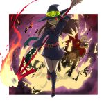  1girl ;d akko_kagari boots broom brown_hair burning cockatrice death fire full_body glowing glowing_eye grin hat knee_boots little_witch_academia long_hair momojiri_tarou one_eye_closed open_mouth polearm red_eyes smile spear straight_hair weapon witch witch_hat 