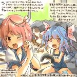  2girls :3 :d ;d animal blue_hair commentary_request dated fang hamster i-19_(kantai_collection) i-58_(kantai_collection) kantai_collection kirisawa_juuzou long_hair multiple_girls name_tag one_eye_closed open_mouth pink_hair red_eyes sailor_collar school_swimsuit school_uniform sea_slug serafuku short_hair short_sleeves smile star star-shaped_pupils swimsuit symbol-shaped_pupils traditional_media translation_request tri_tails twitter_username 