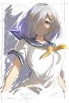  1girl arms_at_sides blue_eyes breasts hair_over_one_eye hamakaze_(kantai_collection) isshiki_(ffmania7) kantai_collection large_breasts lips looking_at_viewer sailor_collar school_uniform serafuku serious short_hair short_sleeves silver_hair sketch solo twitter_username upper_body 