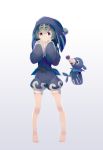  1girl barefoot blue_eyes blue_hair hairband highres hood hood_up long_sleeves pokemon pokemon_(creature) pokemon_(game) pokemon_sm popplio short_hair suiren_(pokemon) tree-raim trial_captain 