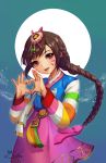  11ama 1girl 2017 alternate_costume alternate_hairstyle artist_name bangs bow braid brown_eyes brown_hair bunny_hair_ornament cowboy_shot d.va_(overwatch) dated eyelashes facial_mark fingers_together full_moon hair_bow hair_ornament hanbok heart heart_hands korean_clothes lips long_hair long_sleeves looking_at_viewer moon multicolored multicolored_stripes overwatch palanquin_d.va parted_lips pink_lips pink_skirt purple_bow signature skirt solo striped striped_sleeves tassel whisker_markings 