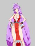  1girl :d breasts cleavage cosplay don_(rg06268) fatal_fury grey_background hands_on_hips highres koshimizu_ami long_hair macross macross_delta mikumo_guynemer multicolored_hair open_mouth purple_hair red_eyes seiyuu_connection shiranui_mai shiranui_mai_(cosplay) simple_background smile solo the_king_of_fighters very_long_hair 
