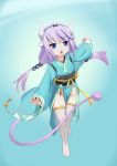  1girl absurdres alternate_costume bangs beads cosplay dragon_girl fate/grand_order fate_(series) full_body groin hair_beads hair_ornament hairband highres horns japanese_clothes kanna_kamui kimono kiyohime_(fate/grand_order) kiyohime_(fate/grand_order)_(cosplay) kobayashi-san_chi_no_maidragon lavender_hair long_hair long_sleeves low_twintails no_panties obi open_mouth outstretched_arms pelvic_curtain sash solo tail the_hermit thigh-highs trait_connection twintails white_legwear 