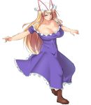  1girl absurdres bangs blonde_hair blush boots breasts brown_boots cleavage collarbone dress eyebrows_visible_through_hair frilled_dress frills full_body hands_up hat hat_ribbon highres impossible_clothes impossible_dress large_breasts long_hair looking_down mob_cap mokkori9 navel outstretched_arm purple_dress ribbon shiny shiny_hair shiny_skin short_sleeves sidelocks simple_background sketch smile solo spinning taut_clothes taut_dress touhou very_long_hair violet_eyes white_background yakumo_yukari 
