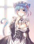  1girl animal_ears bare_shoulders blue_eyes blue_hair blush breasts cat_ears cat_girl cat_tail cleavage cleavage_cutout detached_sleeves eyes_visible_through_hair frilled_sleeves frills hair_ornament hair_ribbon highres large_breasts looking_at_viewer maid maid_headdress pink_ribbon re:zero_kara_hajimeru_isekai_seikatsu rem_(re:zero) ribbon short_hair solo suzune_rena tail x_hair_ornament 