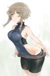  1girl :3 adapted_costume amane_suzuha bare_shoulders bike_shorts blush braid breasts brown_hair commentary_request cowboy_shot highres large_breasts leaning_forward short_hair sketch smile solo steins;gate taishi_(picchiridou) turtleneck twin_braids virgin_killer_sweater yellow_eyes zipper 