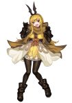 1girl black_legwear blonde_hair boots breasts dress fang full_body gloves hair_ornament hair_ribbon highres katagiri_hachigou long_hair looking_at_viewer open_mouth personification pokemon pokemon_(game) pokemon_sm ribbon ribombee scarf simple_background skirt smile solo white_background yellow_eyes 