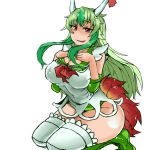  1girl adapted_costume blush boots breasts cleavage covered_navel cross-laced_footwear detached_sleeves ex-keine from_side green_boots green_hair heiseikorotaisei horn_ribbon horns kamishirasawa_keine kneeling lace-up_boots large_breasts long_hair looking_at_viewer looking_to_the_side multicolored_hair neckerchief parted_lips red_eyes red_ribbon ribbon sidelocks smile solo tail thigh-highs touhou two-tone_hair white_legwear 