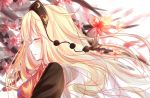  1girl bangs blonde_hair blush breasts closed_eyes closed_mouth crescent floating_hair floral_background from_side hat highres junko_(touhou) large_breasts light_smile long_hair profile solo tabard touhou upper_body yilocity 