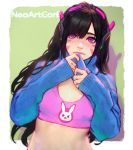 1girl breasts brown_hair cleavage clothes_lift d.va_(overwatch) headphones lips logo long_hair looking_at_viewer midriff nudtawut_thongmai overwatch pink_eyes small_breasts solo sweater sweater_lift tank_top 