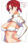  1girl arm_at_side blue_eyes blush boudica_(fate/grand_order) breasts cleavage cleavage_cutout fate/grand_order fate_(series) from_side hand_on_hip isshiki_(ffmania7) juliet_sleeves large_breasts long_sleeves midriff navel ponytail puffy_sleeves redhead short_hair short_ponytail signature sketch smile solo twitter_username upper_body 