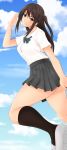  1girl absurdres blue_eyes blue_sky breasts brown_hair clouds copyright_name dutch_angle from_below green_kaminari highres kneehighs long_hair looking_at_viewer looking_back school_uniform seiren shoes side_ponytail skirt sky smile solo thighs tsuneki_hikari 