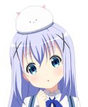  1girl :3 :o angora_rabbit bangs blue_bow blue_bowtie blue_eyes blue_hair blue_vest blush bow bowtie collared_shirt commentary_request eyebrows_visible_through_hair face gochuumon_wa_usagi_desu_ka? hair_between_eyes hair_ornament hairclip kafuu_chino kazuma_(theworld000021) long_hair looking_at_viewer lowres open_mouth portrait rabbit rabbit_house_uniform shirt sidelocks simple_background solo tippy_(gochiusa) vest white_background white_shirt x_hair_ornament 