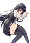  1girl asashio_(kantai_collection) ass belt black_hair black_legwear blue_eyes blush dress highres kantai_collection long_hair long_sleeves lying on_side pinafore_dress remodel_(kantai_collection) simple_background sketch skirt solo tetora_pod_ thigh-highs white_background 