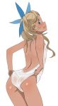  1girl adjusting_clothes adjusting_swimsuit ass backless_outfit bare_back blonde_hair blue_eyes blush dark_skin granblue_fantasy hair_ribbon io_euclase looking_at_viewer looking_back one-piece_swimsuit ribbon rkrk see-through solo swimsuit swimsuit_pull tight twintails wedgie white_background 