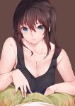  1girl between_legs blue_eyes breasts brown_background brown_hair cleavage eleaclarisse highres long_hair looking_at_viewer seiren side_ponytail smile solo solo_focus sweat tank_top tsuneki_hikari 