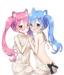  2girls :d alternate_costume alternate_hair_length alternate_hairstyle animal_ears ass ayami_(annahibi) backless_outfit bangs bare_arms bare_back bare_shoulders bespectacled black_bow blue_eyes blue_hair blush bow breasts butt_crack cat_ears closed_mouth cowboy_shot dress eyebrows_visible_through_hair from_behind glasses hair_ornament hair_ribbon hairclip halterneck hand_holding interlocked_fingers long_hair looking_at_viewer looking_back multiple_girls naked_sweater no_bra open-back_dress open_mouth pink-framed_eyewear pink_eyes pink_hair purple_ribbon ram_(re:zero) re:zero_kara_hajimeru_isekai_seikatsu rem_(re:zero) ribbed_sweater ribbon siblings sideboob simple_background sisters small_breasts smile standing sweater sweater_dress turtleneck turtleneck_sweater twins twintails virgin_killer_sweater white_background x_hair_ornament 