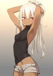  1girl absurdres armpits arms_up breasts covered_navel cowboy_shot dark_skin gradient gradient_background groin highres hirasato long_hair midriff open_fly original perky_breasts ponytail red_eyes short_shorts shorts silver_hair simple_background sleeveless small_breasts solo turtleneck very_long_hair 