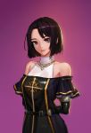  bare_shoulders belt black_dress black_hair cross dress dungeon_and_fighter female_priest_(dungeon_and_fighter) highres lanyuandashen purple_background short_hair smile violet_eyes 