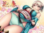  1girl aqua_panties bare_shoulders blue_eyes blush bow bow_panties breasts bridal_gauntlets ciel_alencon clothes_lift commentary_request detached_sleeves flower from_below fur_trim god_eater god_eater_2:_rage_burst hair_flower hair_ornament hair_ribbon highres japanese_clothes kimono kimono_lift large_breasts looking_down obi panties ribbon sash short_hair short_twintails silver_hair smile solo twintails underwear watanuki_kaname 