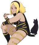  1girl bare_shoulders blonde_hair breasts cat dark_skin dress dusty_(gravity_daze) eating food full_mouth gravity_daze hairband jinroku kitten_(gravity_daze) leotard long_hair looking_at_viewer plump red_eyes scarf simple_background sitting solo strapless strapless_dress thick_thighs thighs vambraces white_background 