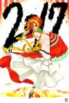  2017 amaco4 androgynous bangle black_shoes bracelet detached_sleeves feathers groin hair_ornament hair_over_mouth highres ho-oh jewelry midriff multicolored_hair nail_polish navel personification pink_nails pokemon red_eyes redhead ring shoes solo two-tone_hair yellow_feathers 