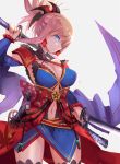  1girl blue_eyes breasts cleavage detached_sleeves dual_wielding earrings fate/grand_order fate_(series) folded_ponytail highres japanese_clothes jewelry katana midriff miyamoto_musashi_(fate/grand_order) navel solo sword weapon wse 