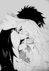  1boy 1girl closed_eyes eyepatch greyscale highres hood hoodie hug kamijou_touma long_hair monochrome othinus to_aru_majutsu_no_index 