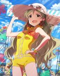  &gt;:d 1girl :d alternate_hairstyle beamed_quavers bracelet brown_hair earrings hand_on_headwear hand_on_hip handa_roko hat idolmaster idolmaster_million_live! jewelry long_hair looking_at_viewer musical_note official_art one-piece_swimsuit open_mouth smile solo_focus sun_hat swimsuit yellow_eyes 