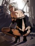  1girl android ass back butt_crack ganassa high_heels looking_at_viewer looking_back mole mole_under_mouth nier_(series) nier_automata parted_lips short_hair silver_hair solo squatting yorha_type_a_no._2 