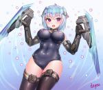  &gt;:o 1girl :o artist_name bangs black_gloves black_legwear blue_hair blush breasts cleavage contrapposto covered_navel cowboy_shot crossed_bangs doyouwantto dual_wielding elbow_gloves erect_nipples eyebrows_visible_through_hair frame_arms_girl gloves hair_between_eyes headgear holding holding_sword holding_weapon hraesvelg large_breasts mecha_musume open_mouth school_swimsuit short_hair smile solo swimsuit sword thigh-highs thighs violet_eyes weapon 