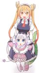  2girls :d :o bangs beads blonde_hair blue_eyes capelet dragon_girl dragon_tail full_body gloves gradient_hair hair_beads hair_ornament holding holding_hair horns kanna_kamui kobayashi-san_chi_no_maidragon long_hair low_twintails maid maid_headdress multicolored_hair multiple_girls open_mouth outstretched_arms silver_hair slippers slit_pupils smile standing tail takamono thigh-highs tooru_(maidragon) twintails white_gloves white_legwear 