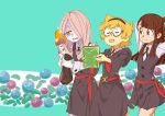  3girls akko_kagari belt blonde_hair book brown_eyes brown_hair closed_eyes collared_shirt drooling glasses green_background half-closed_eyes holding holding_book little_witch_academia long_hair lotte_yanson multiple_girls mushroom neck_ribbon official_art open_mouth pink_hair red_eyes ribbon school_uniform semi-rimless_glasses shirt short_hair sparkling_eyes sucy_manbavaran takeda_naoki 