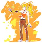  1girl blonde_hair bumblebee commentary cyborg denim iesupa jeans navel pants prosthesis prosthetic_arm rwby smile solo spray_can tank_top tied_hair violet_eyes whistling yang_xiao_long 