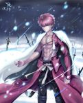  1boy abs armor bangs black_pants cape clenched_hand closed_mouth collarbone dated emiya_shirou excalibur fate/grand_order fate_(series) glint glowing grey_eyes hair_between_eyes hakama half-closed_eyes japanese_armor japanese_clothes jin_yi_tong_si kusazuri limited/zero_over looking_away male_focus markings motion_blur muscle navel outdoors pants planted_sword planted_weapon red_cape redhead ribbon serious shirtless signature snow snowing solo spiky_hair stomach sword tassel unlimited_blade_works waist_cape weapon white_cape white_ribbon wind 谨以瞳思 