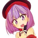  1girl bare_shoulders face fate/grand_order fate_(series) hat helena_blavatsky_(fate/grand_order) looking_at_viewer open_mouth purple_hair shinwota short_hair smile solo violet_eyes white_background 