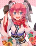  1girl ahoge braid floral_print gloves half_gloves headgear itomugi-kun japanese_clothes kantai_collection kimono long_hair looking_at_viewer nenohi_(kantai_collection) obi open_mouth pink_hair sash single_braid smile solo violet_eyes wide_sleeves 