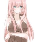  1girl bare_shoulders blue_eyes blush breasts cleavage hiro_(hirohiro31) large_breasts long_hair looking_at_viewer megurine_luka pink_hair simple_background smile solo upper_body vocaloid 