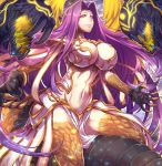  1girl abs bangs breasts bustier claws cleavage cleavage_cutout fate/grand_order fate_(series) feathered_wings glowing glowing_eyes gorgon_(fate) large_breasts long_hair looking_at_viewer navel orange_eyes parted_bangs pelvic_curtain purple_hair rider scales sidelocks slit_pupils smile solo sparkle teeth tomoyohi wings 