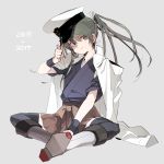  1girl 2016 2017 bangs between_legs black_legwear boots borrowed_garments closed_mouth directional_arrow eyelashes facing_viewer flat_chest floating_hair full_body grey_background hageshii_nakano hair_between_eyes hakama_skirt hand_between_legs hand_on_headwear hat highres jacket jacket_on_shoulders japanese_clothes kantai_collection long_hair looking_at_viewer military military_uniform miniskirt naval_uniform peaked_cap shoe_soles simple_background sitting skirt smile solo tasuki thigh-highs twintails uniform white_hat white_jacket wristband zuikaku_(kantai_collection) 