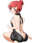  1girl alternate_hairstyle ass back backless backless_outfit bare_back bare_shoulders barefoot black_sweater blush breasts butt_crack dress embarrassed flying_sweatdrops hair_bun hair_up looking_at_viewer looking_back love_live! love_live!_school_idol_project naked_sweater nishikino_maki open_mouth redhead shogo_(4274732) sideboob simple_background sitting solo sweat sweater sweater_dress violet_eyes virgin_killer_sweater white_background 