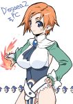  1girl blue_eyes breasts brown_hair disgaea fire flame hand_on_hip large_breasts looking_at_viewer magic_knight_(disgaea) pointy_ears prinny short_hair simple_background smile solo thighs white_background yamaura_tamaki 